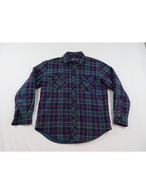 Kings Crown Flannel Shirt Jacket Insulated Quilt-Lined Plaid Blue Green Sz L 90s